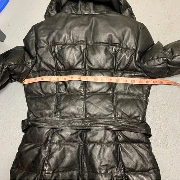 Danier Black Leather Puffer Jacket Sz XXS High Neck Bomber Quilted Winter Coat - Picture 7 of 16